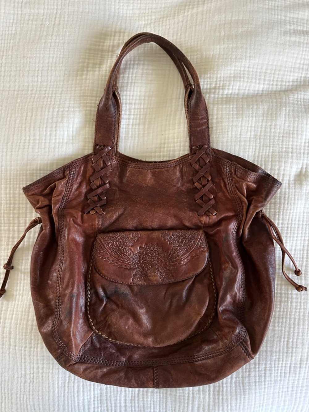 Lucky Brand Distressed Brown Leather Tote with Front Flap Pocket